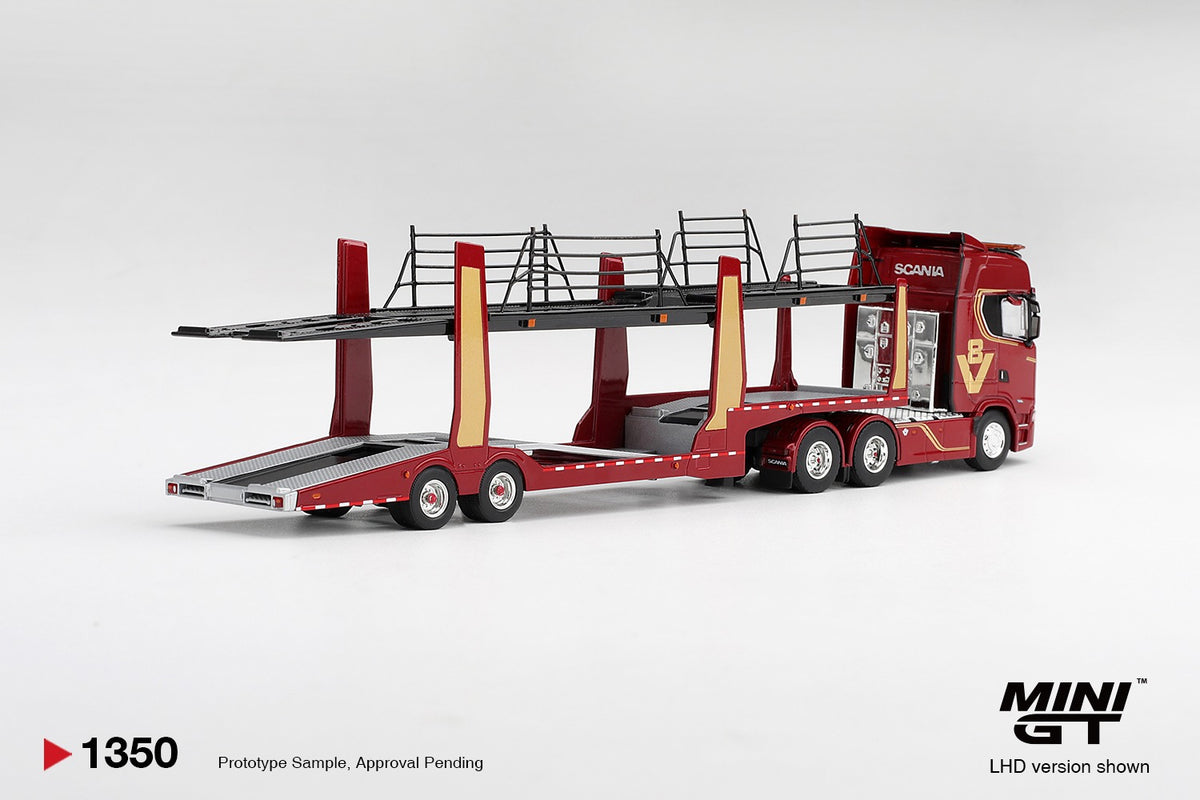 *PRE ORDER* MINI GT 1350 SCANIA 770S A6X4NA CAR TRANSPORTER V8 50TH ANNIVERSARY WITH CAR TRANSPORTER RED