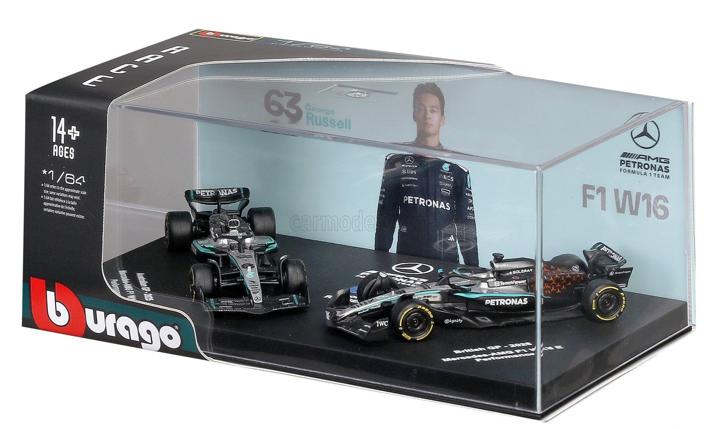 *PRE ORDER* Bburago Formula Racing 2025 MERCEDES GP - SET F1 2X W16 TEAM AMG PETRONAS MOTORSPORT N 63 SEASON 2025 GEORGE RUSSELL + GP BRITISH 2025 in Showcase 1:64 Scale Diecast Vehicle Twin Pack