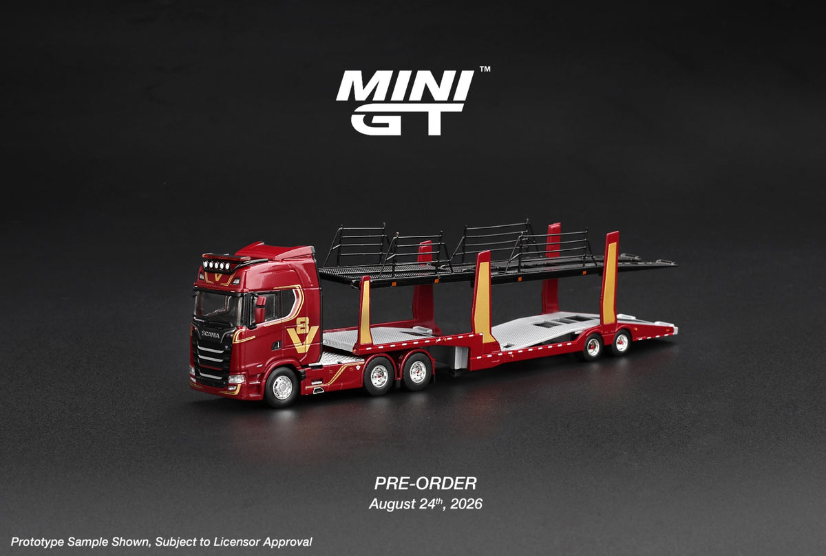 *PRE ORDER* MINI GT 1350 SCANIA 770S A6X4NA CAR TRANSPORTER V8 50TH ANNIVERSARY WITH CAR TRANSPORTER RED