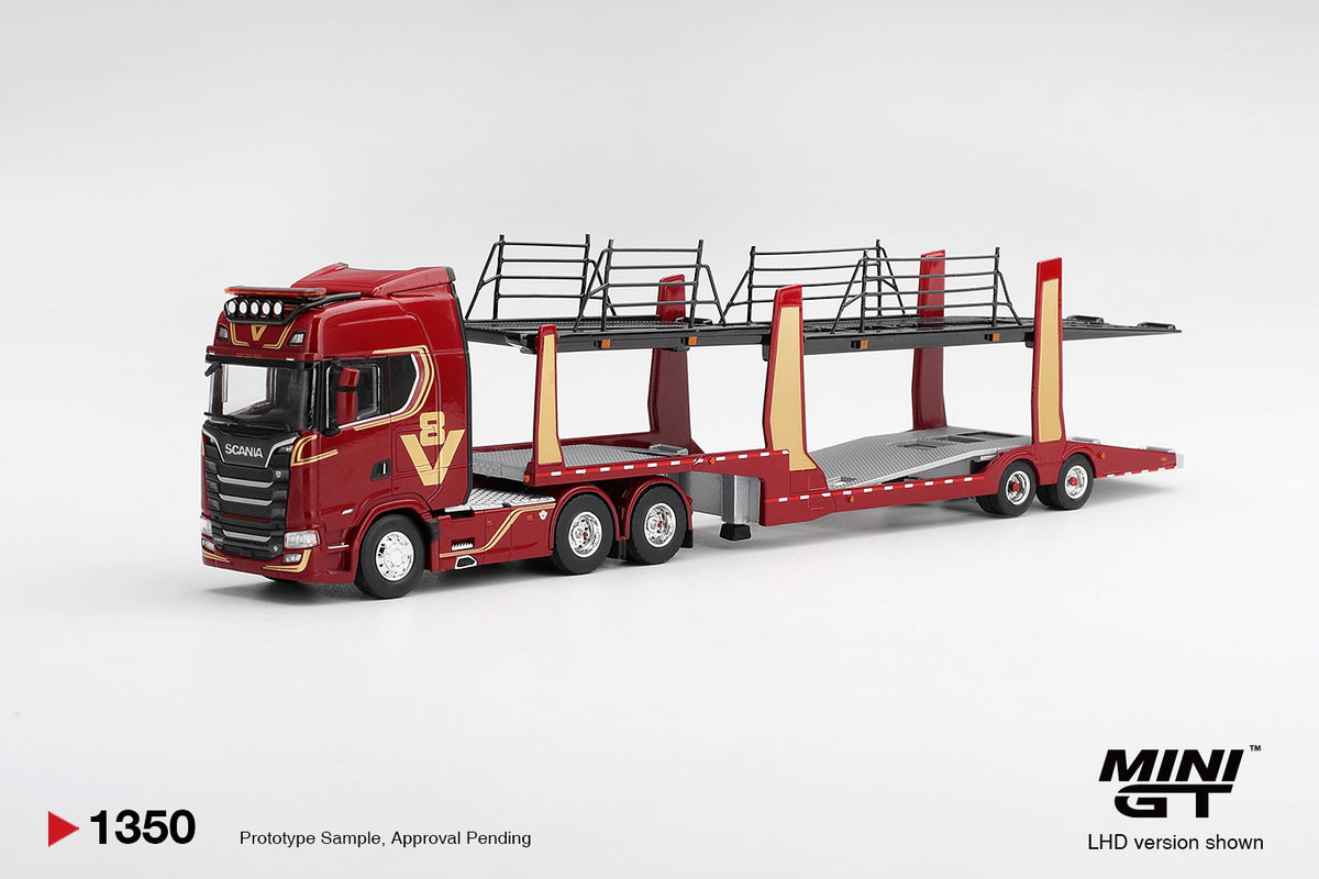 *PRE ORDER* MINI GT 1350 SCANIA 770S A6X4NA CAR TRANSPORTER V8 50TH ANNIVERSARY WITH CAR TRANSPORTER RED