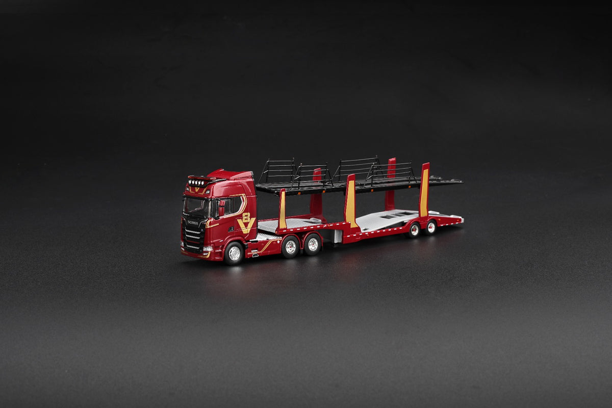 *PRE ORDER* MINI GT 1350 SCANIA 770S A6X4NA CAR TRANSPORTER V8 50TH ANNIVERSARY WITH CAR TRANSPORTER RED