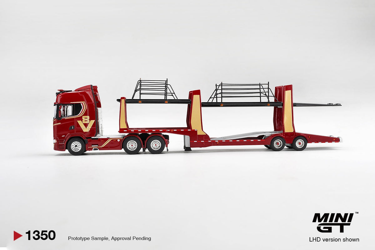 *PRE ORDER* MINI GT 1350 SCANIA 770S A6X4NA CAR TRANSPORTER V8 50TH ANNIVERSARY WITH CAR TRANSPORTER RED