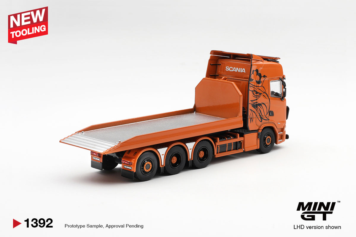 *PREORDER* MINI GT 1392 SCANIA 770S B8X4NA HOOKLIFT FLATBED ORANG