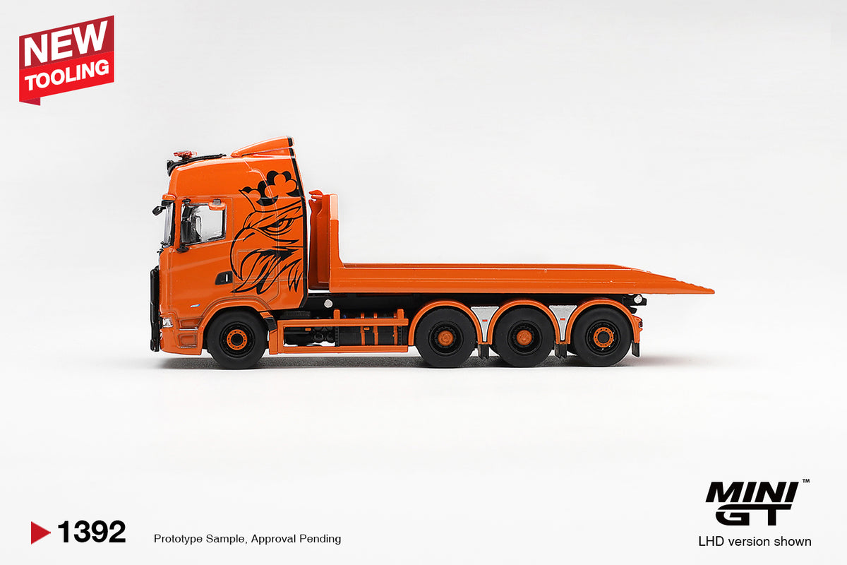 *PREORDER* MINI GT 1392 SCANIA 770S B8X4NA HOOKLIFT FLATBED ORANG