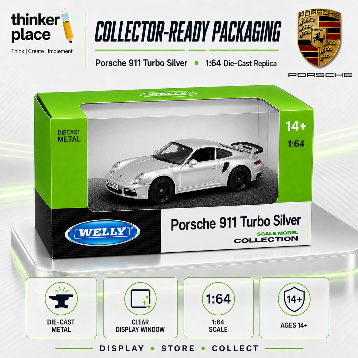 Welly Porsche 911 Turbo Silver Die-Cast Metal Model Car