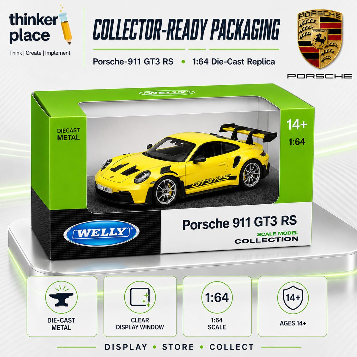 Welly Porsche 911 GT3 RS (992) Yellow Die-Cast Metal Model Car