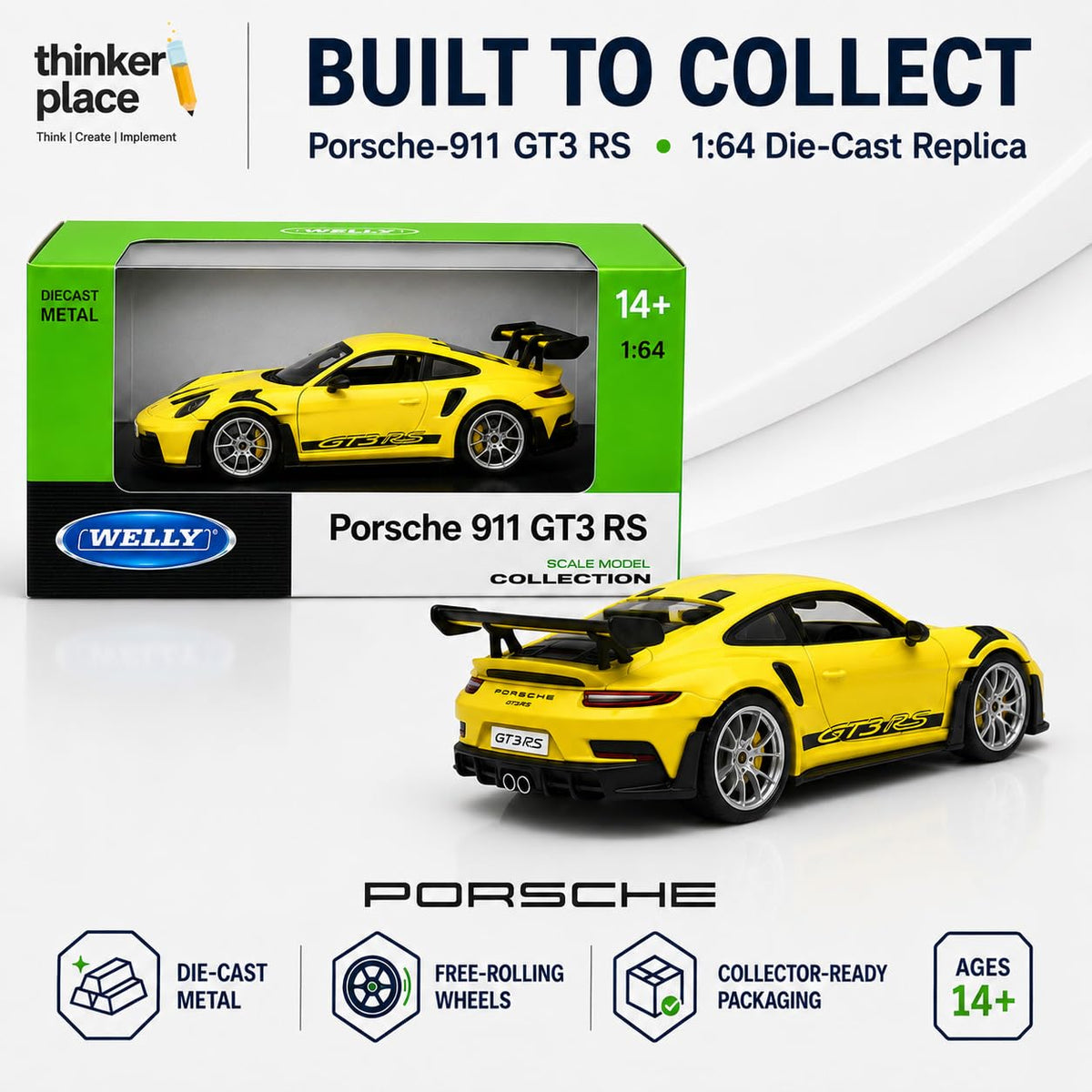 Welly Porsche 911 GT3 RS (992) Yellow Die-Cast Metal Model Car