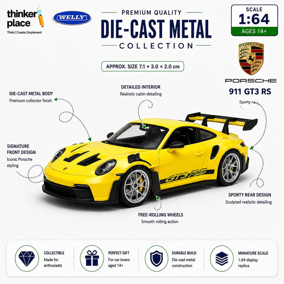 Welly Porsche 911 GT3 RS (992) Yellow Die-Cast Metal Model Car