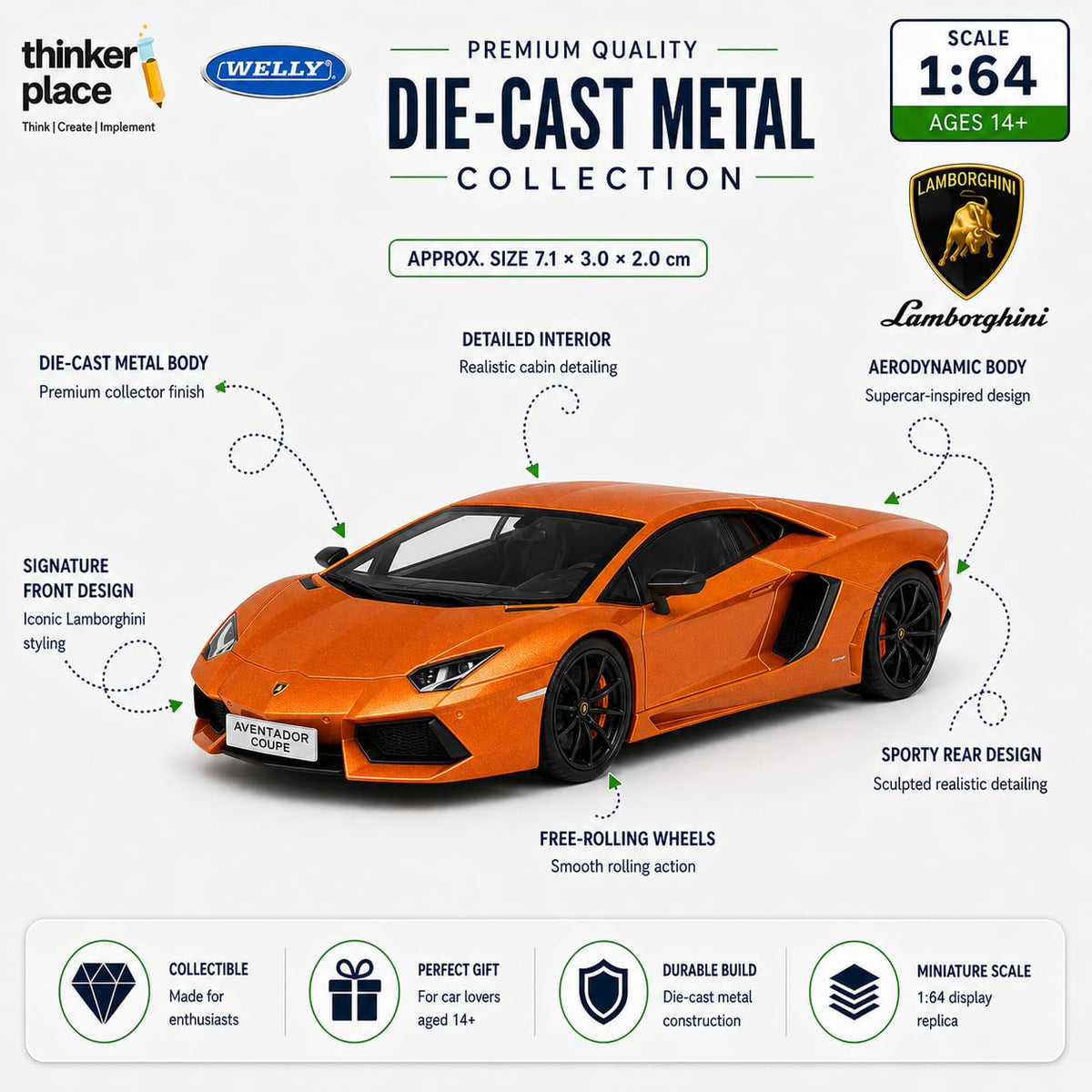 Welly Lamborghini Aventador Coupe Metallic Orange Die-Cast Metal Model Car