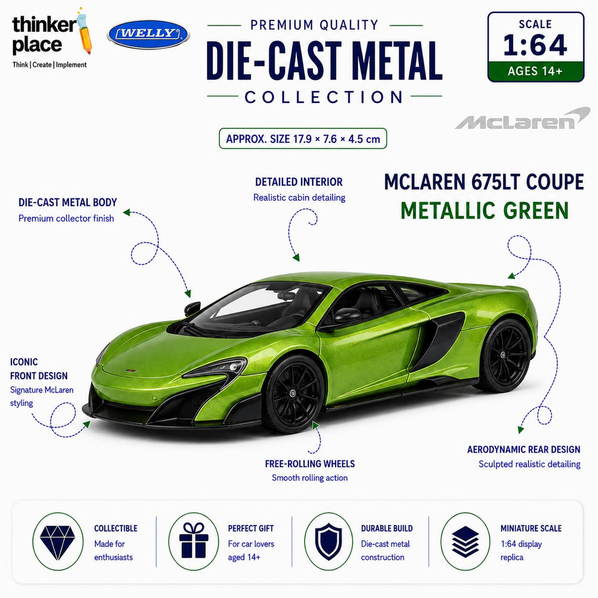 Welly McLaren 675LT Coupe Metallic Green Die-Cast Metal Model Car