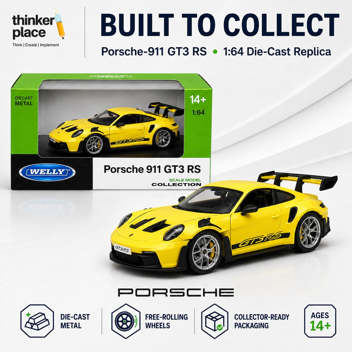 Welly Porsche 911 GT3 RS (992) Yellow Die-Cast Metal Model Car