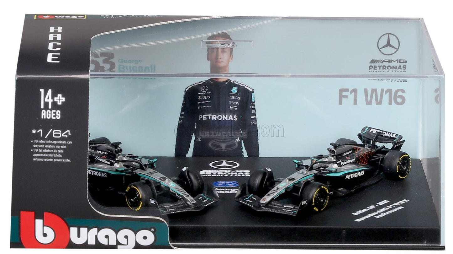 *PRE ORDER* Bburago Formula Racing 2025 MERCEDES GP - SET F1 2X W16 TEAM AMG PETRONAS MOTORSPORT N 63 SEASON 2025 GEORGE RUSSELL + GP BRITISH 2025 in Showcase 1:64 Scale Diecast Vehicle Twin Pack