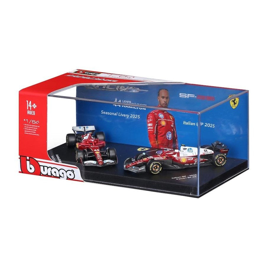 *PRE ORDER* Bburago Formula Racing 2025 Scuderia Ferrari SF25 #44 Lewis Hamilton in Showcase 1:64 Scale Diecast Vehicle Twin Pack