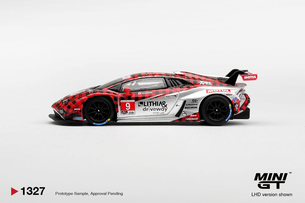 * PRE ORDER * MINI GT #1327 1/64 Lamborghini Huracan GT3 EVO2 #9 Pfaff Motorsports 2025 IMSA WeatherTech GTD Pro (LHD) BOX VERSION